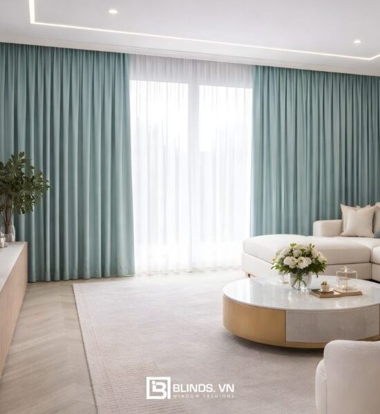 Báo giá rèm vải 1 lớp màu xanh ngọc hiện đại